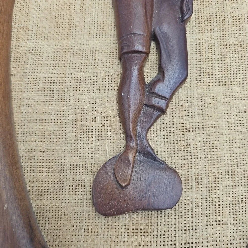 Vintage Hand-Carved Teak Wood Wall Art Oval‎ Shaped Woven Backgrounds MCM